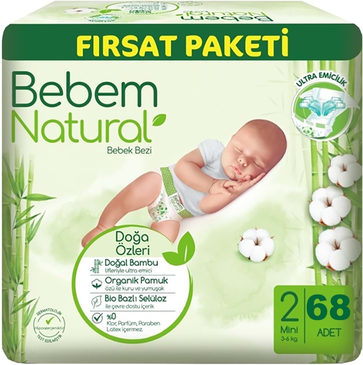 Bebem Bebek Bezi Natural 2 Beden 3-6 KG Mini 68 Adet Pk