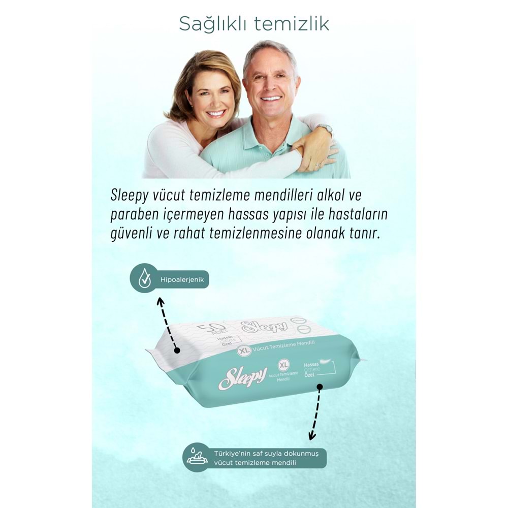 Sleepy Hasta Vücut Temizleme Islak Mendil Havlu 50 Yaprak XL (3 Lü Set)
