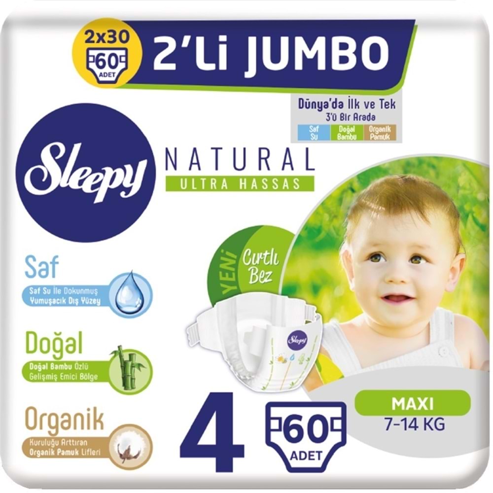 Sleepy Bebek Bezi Natural Beden:4 (7-14Kg) Maxi 60 Adet Fırsat Pk