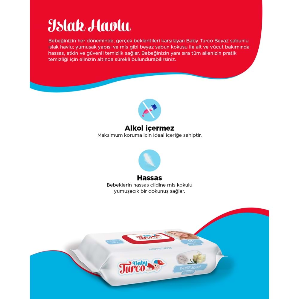 Baby Turco Islak Havlu Mendil 90 Yaprak Beyaz Sabun Kokulu Plastik Kapaklı Tekli Pk