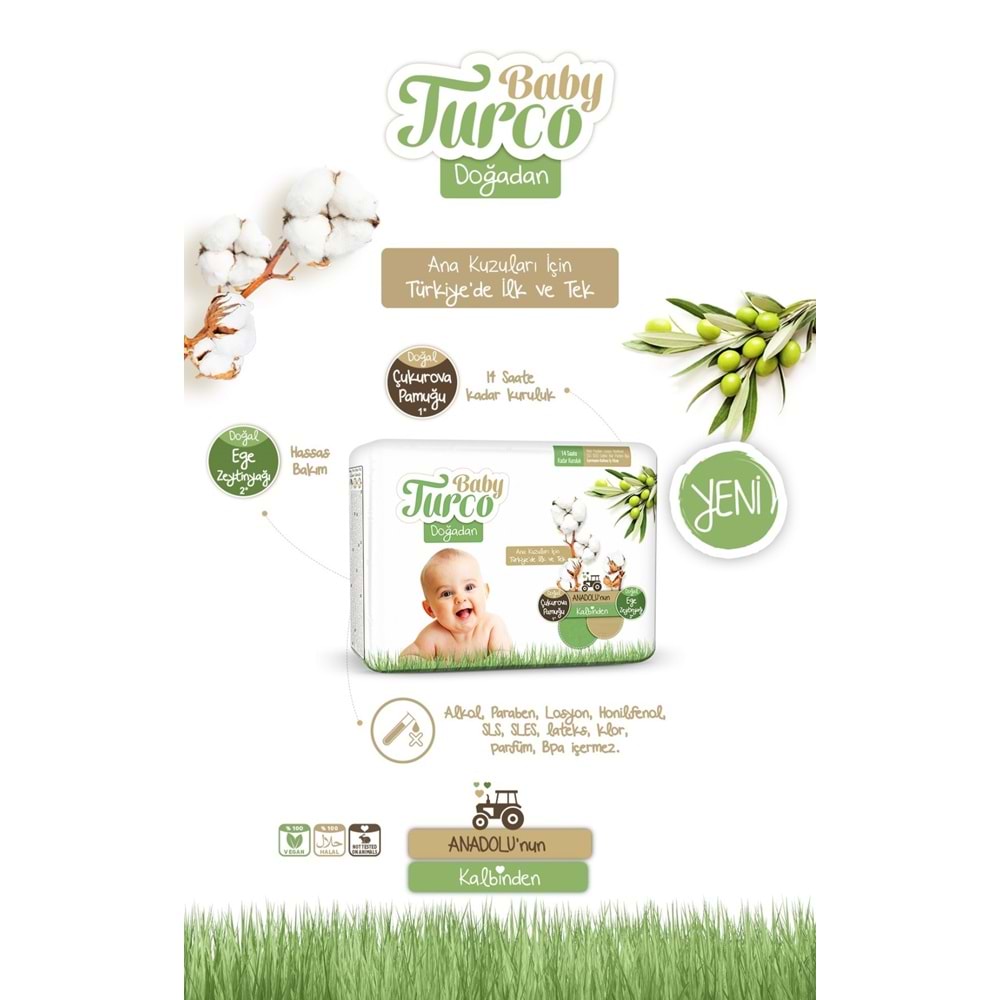 Baby Turco Bebek Bezi Doğadan Beden:2 (3-6KG) Mini (Göbek Bağı Oyuntulu) 42 Adet Jumbo Pk