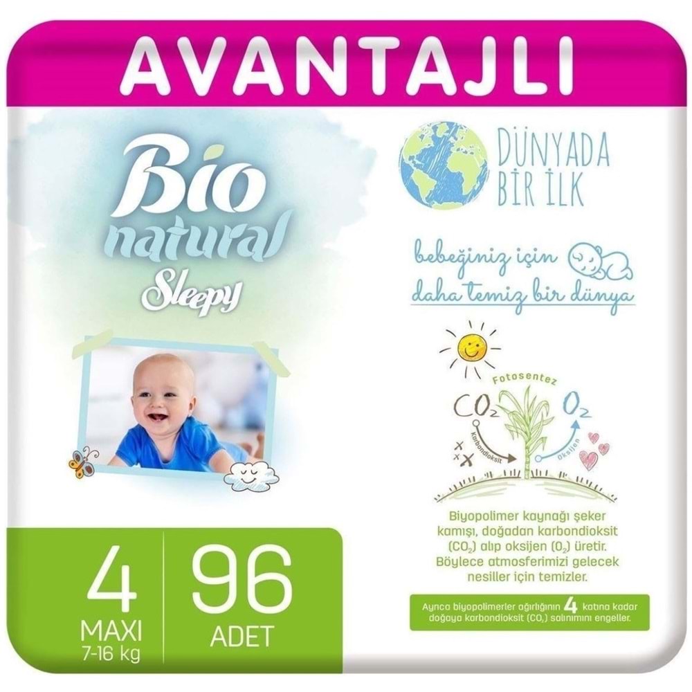 Sleepy Bebek Bezi Bio Natural Beden:4 (7-16Kg) Maxi 96 Adet Ultra Pk