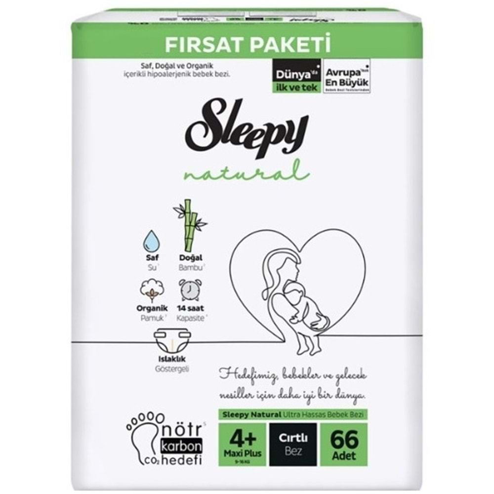 Sleepy Bebek Bezi Naturel Beden:4+ (9-16KG) Maxi Plus 66 Adet Fırsat Pk