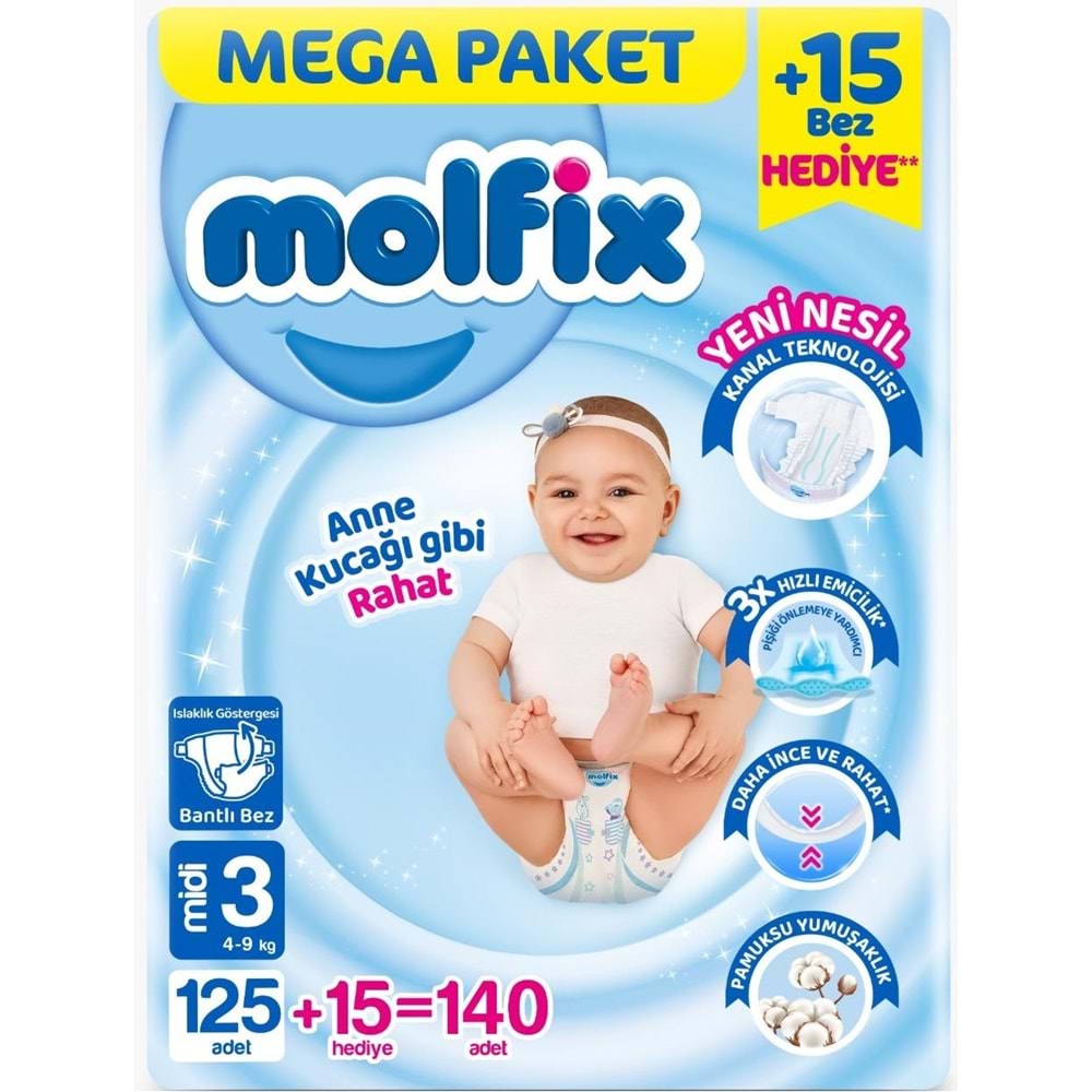 Molfix Bebek Bezi Beden:3 (4-9KG) Midi 140 Adet Pk Mega Pk