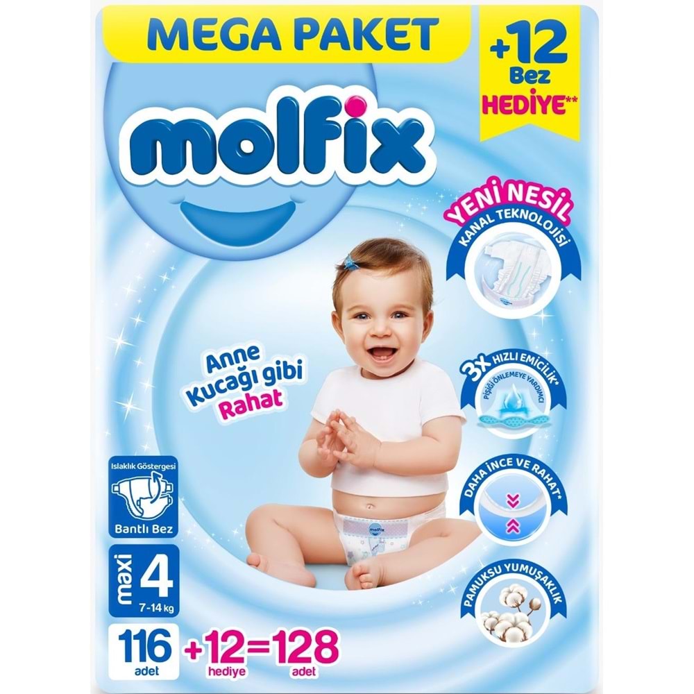 Molfix Bebek Bezi Beden:4 (7-14KG) Maxi 128 Adet Mega Pk