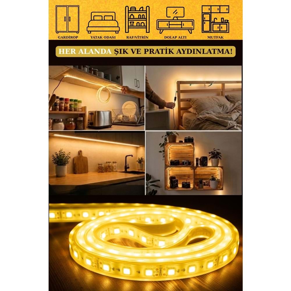 Mandaş 3 Metre Günışığı Şerit Led 3000K Mutfak Tezgah Üstü Dolap Altı İçin 12V Tam Set