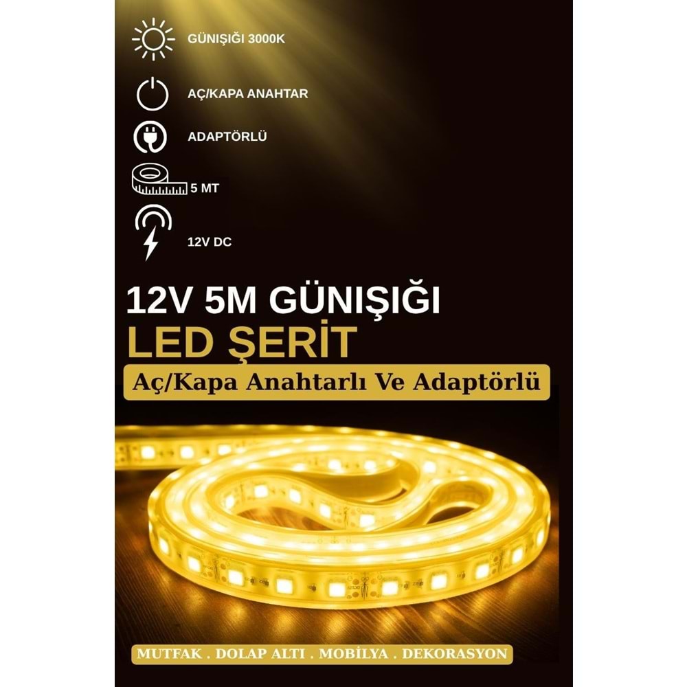 Silorien 5 Metre Günışığı Şerit LED Mutfak Dolabı Tezgah Üstü Adaptörlü Aç Kapa Düğmeli Tak Çalıştır