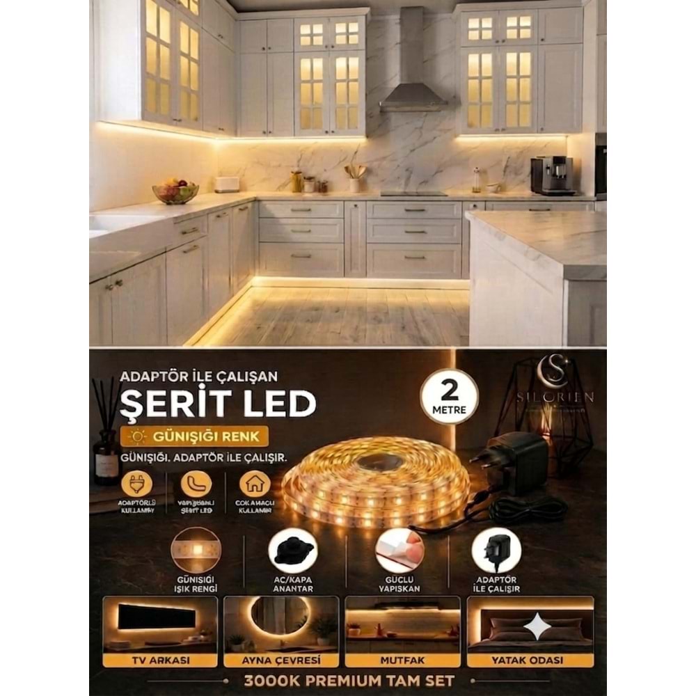 Silorien 2 Metre Günışığı Şerit LED Mutfak Dolabı Tezgah Üstü Adaptörlü Aç Kapa Düğmeli Tak Çalıştır