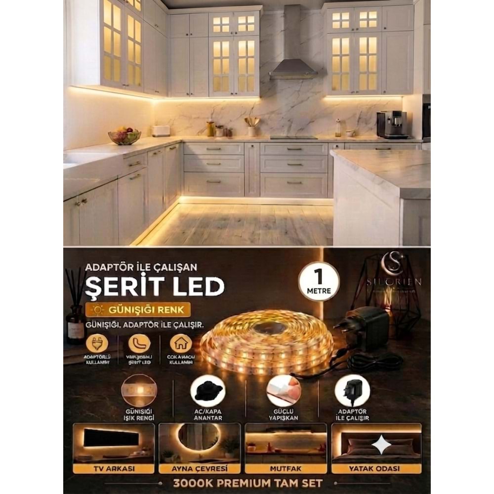 Silorien 1 Metre Günışığı Şerit LED Mutfak Dolabı Tezgah Üstü Adaptörlü Aç Kapa Düğmeli Tak Çalıştır