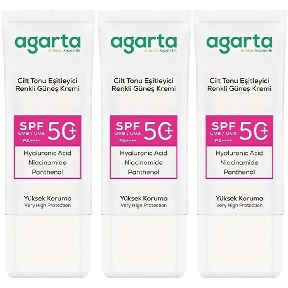 Agarta Cilt Tonu Eşitleyici Renkli Kapatıcı Etkili Spf+50 Faktör Güneş Kremi 50 ML (3 Lü Set)