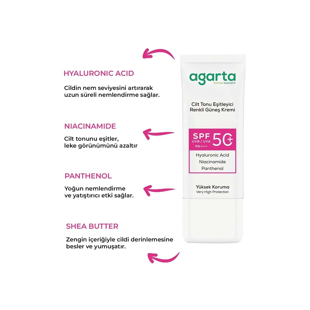 Agarta Cilt Tonu Eşitleyici Renkli Kapatıcı Etkili Spf+50 Faktör Güneş Kremi 50 ML (6 Lı Set)