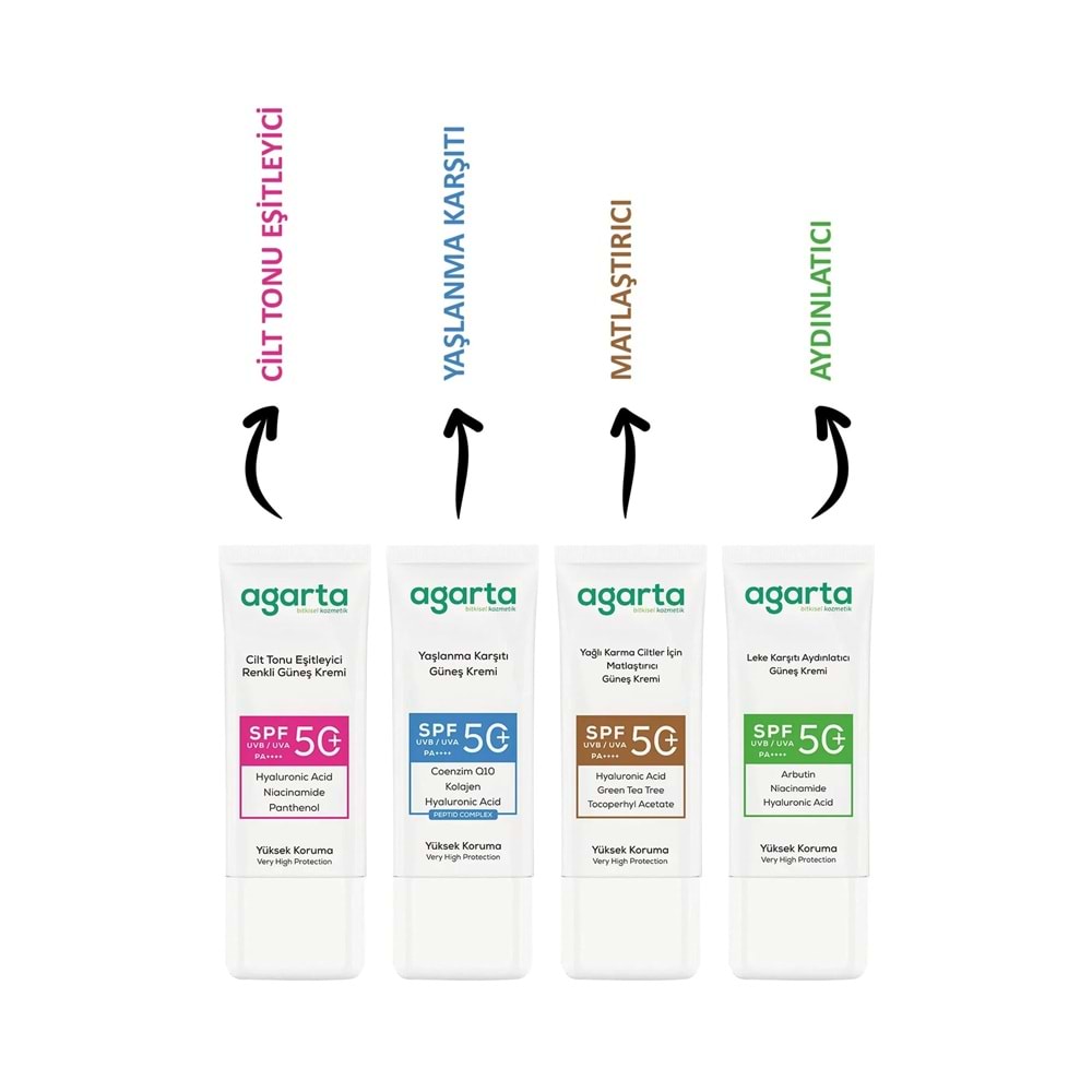 Agarta Cilt Tonu Eşitleyici Renkli Kapatıcı Etkili Spf+50 Faktör Güneş Kremi 50 ML (6 Lı Set)