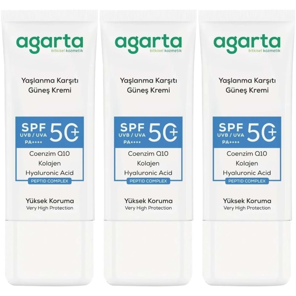 Agarta Yaşlanma Karşıtı Collagen Destekli Spf+50 Faktör Yüz Güneş Kremi 50 ML (3 Lü Set)