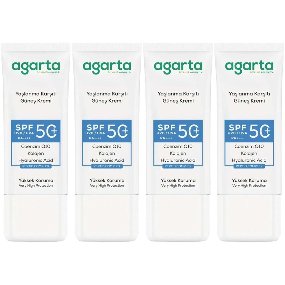 Agarta Yaşlanma Karşıtı Collagen Destekli Spf+50 Faktör Yüz Güneş Kremi 50 ML (4 Lü Set)