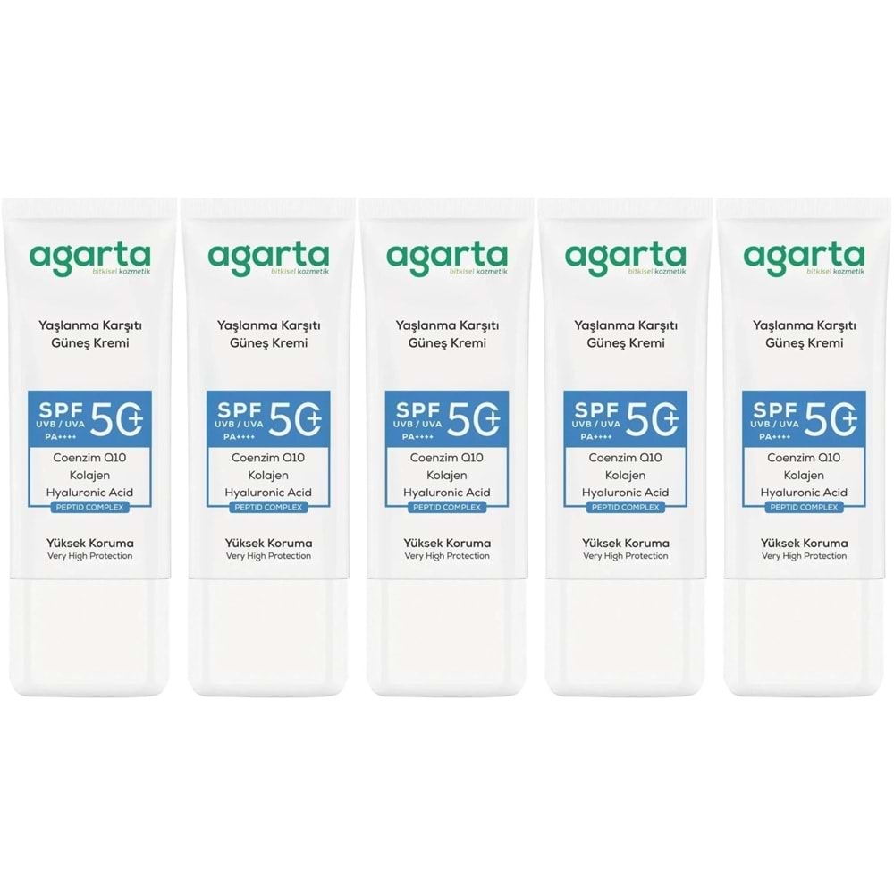 Agarta Yaşlanma Karşıtı Collagen Destekli Spf+50 Faktör Yüz Güneş Kremi 50 ML (5 Li Set)