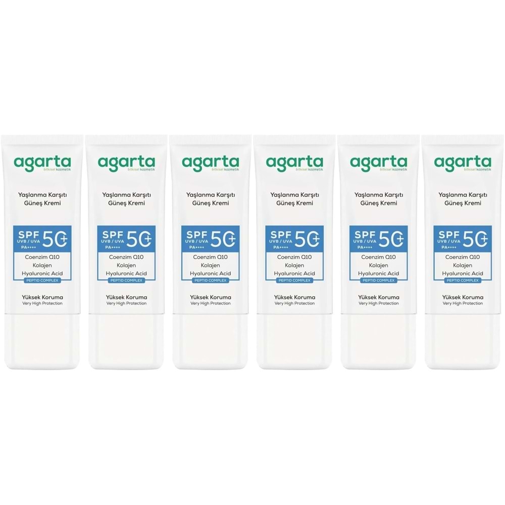 Agarta Yaşlanma Karşıtı Collagen Destekli Spf+50 Faktör Yüz Güneş Kremi 50 ML (6 Lı Set)