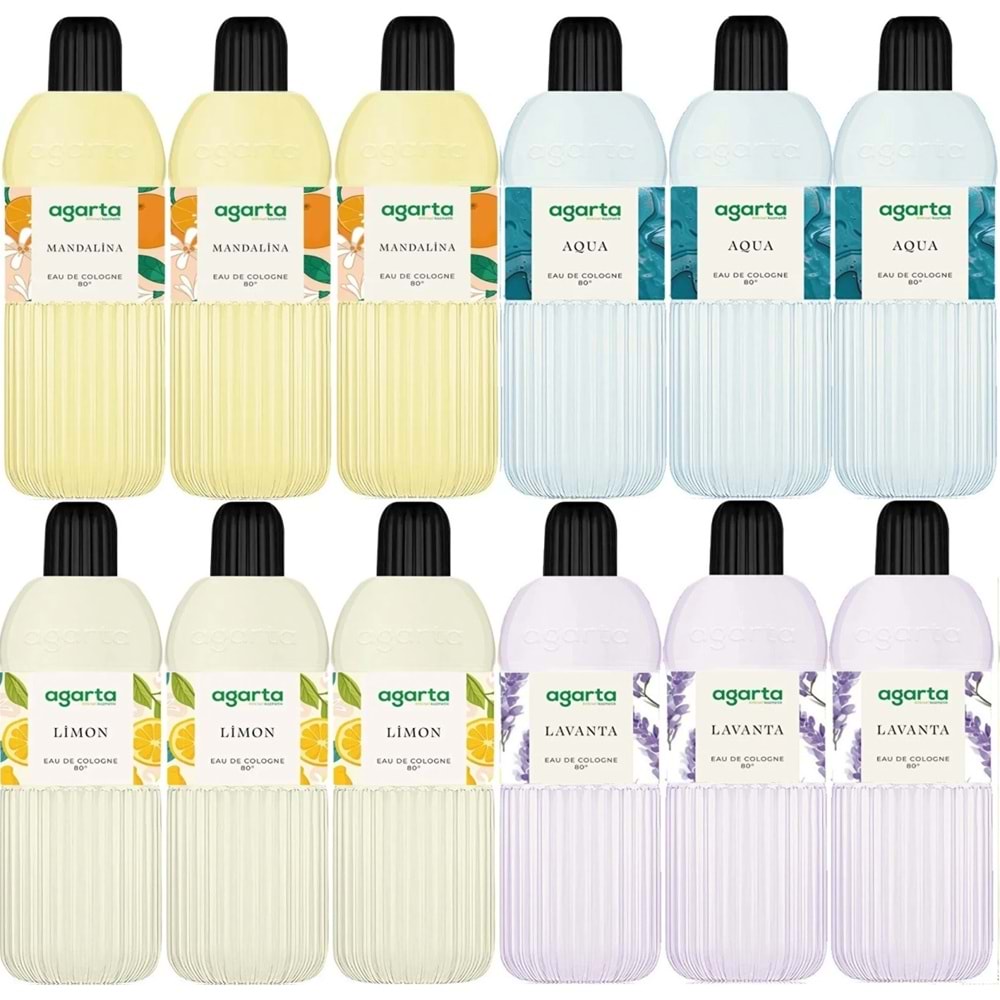 Agarta Kolonya 400 ML 80 Derece Pet Şişe (Mandalina-Aqua-Limon-Lavanta) (12 Li Karma Set)