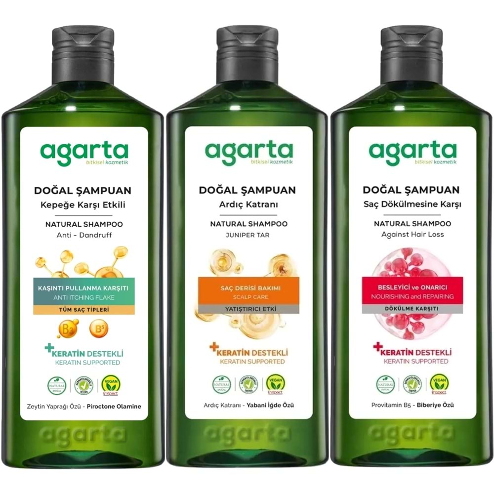 Agarta Doğal Şampuan 400 ML Kepek Karşıtı - Ardıç Katranı,Keratin - Saç Dökülmesine (3 Lü Karma Set)