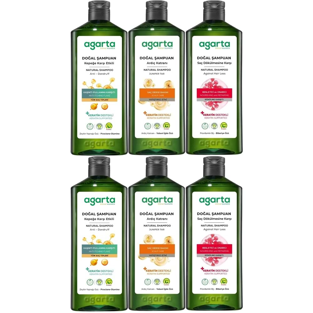 Agarta Doğal Şampuan 400 ML Kepek Karşıtı - Ardıç Katranı,Keratin - Saç Dökülmesine (6 Lı Karma Set)