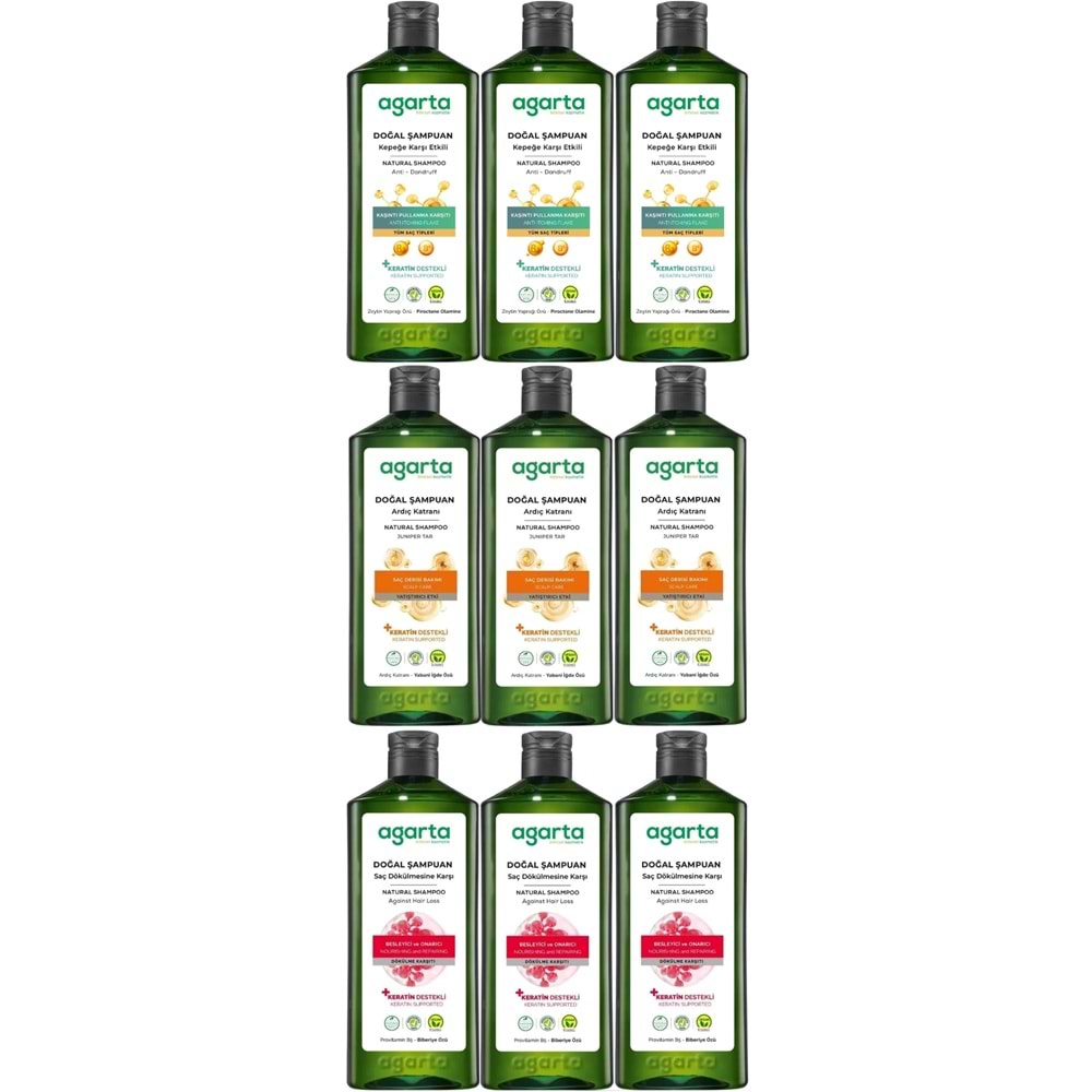 Agarta Doğal Şampuan 400 ML Kepek Karşıtı - Ardıç Katranı,Keratin - Saç Dökülmesine (9 Lu Karma Set)