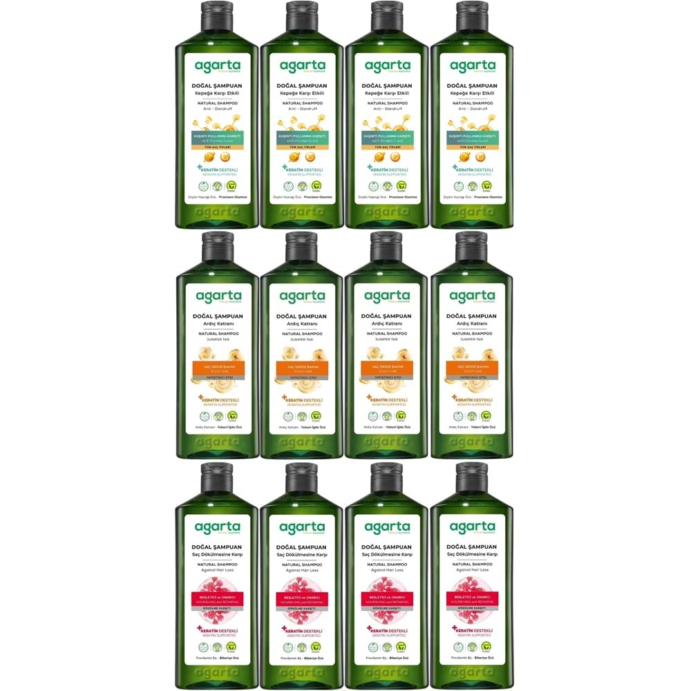 Agarta Doğal Şampuan 400 ML Kepek Karşıtı - Ardıç Katranı,Keratin - Saç Dökülmesine (12Li Karma Set)