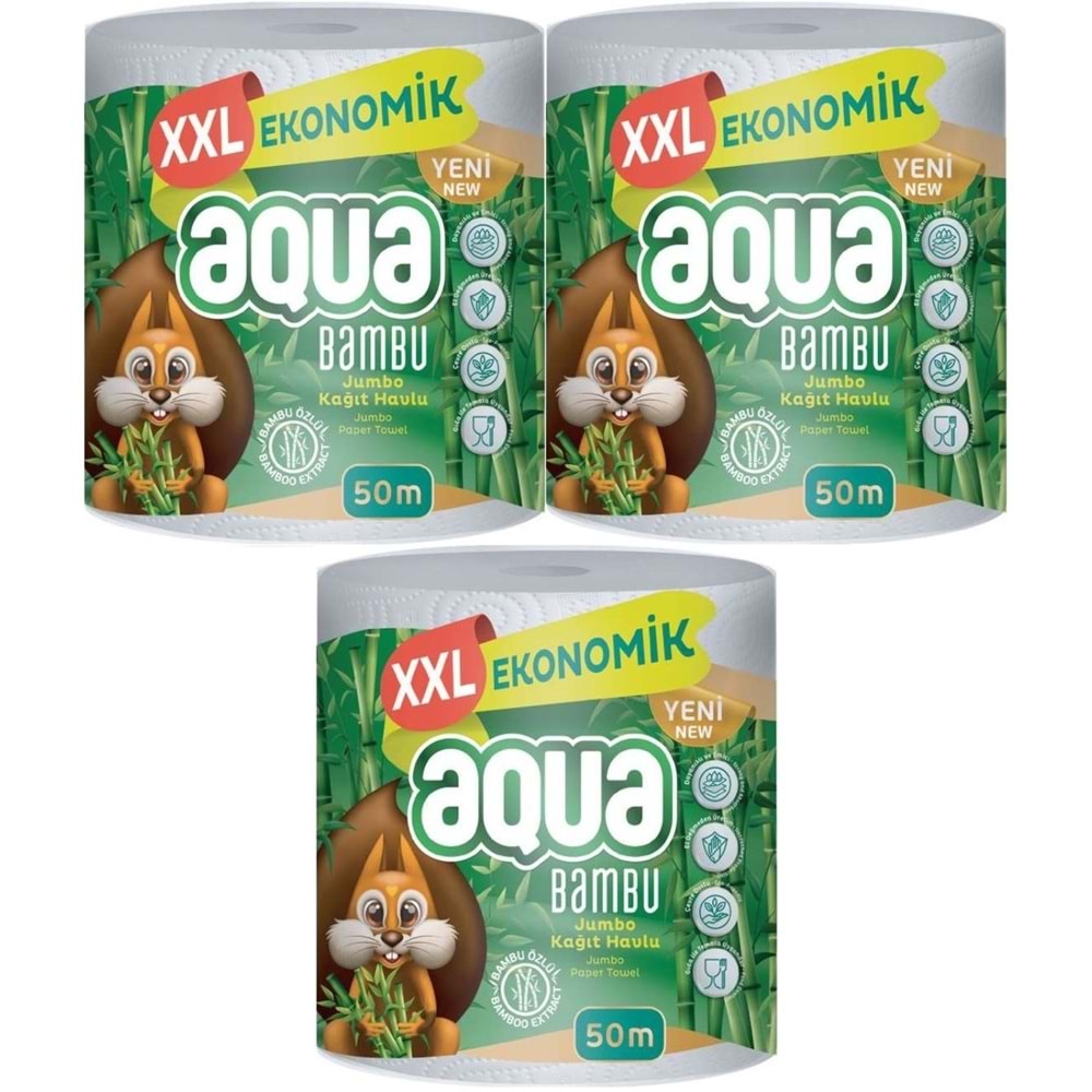 Aqua Kağıt Havlu 3 Katlı Jumbo Paket XXL Bambu (3 Lü Set) 150 Metre (3PK*50MT)