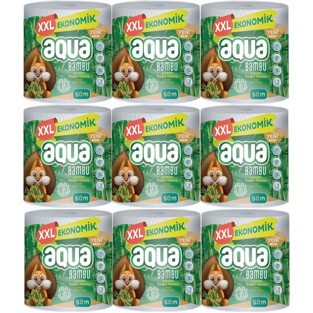 Aqua Kağıt Havlu 3 Katlı Jumbo Paket XXL Bambu (9 Lu Set) 450 Metre (9PK*50MT)