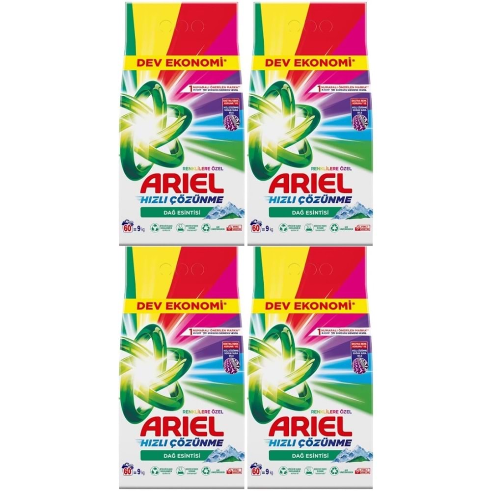 Ariel Matik Toz Çamaşır Deterjanı 36KG Renklilere Özel/Dağ Esintisi (4PK*9KG) (240 Yıkama)