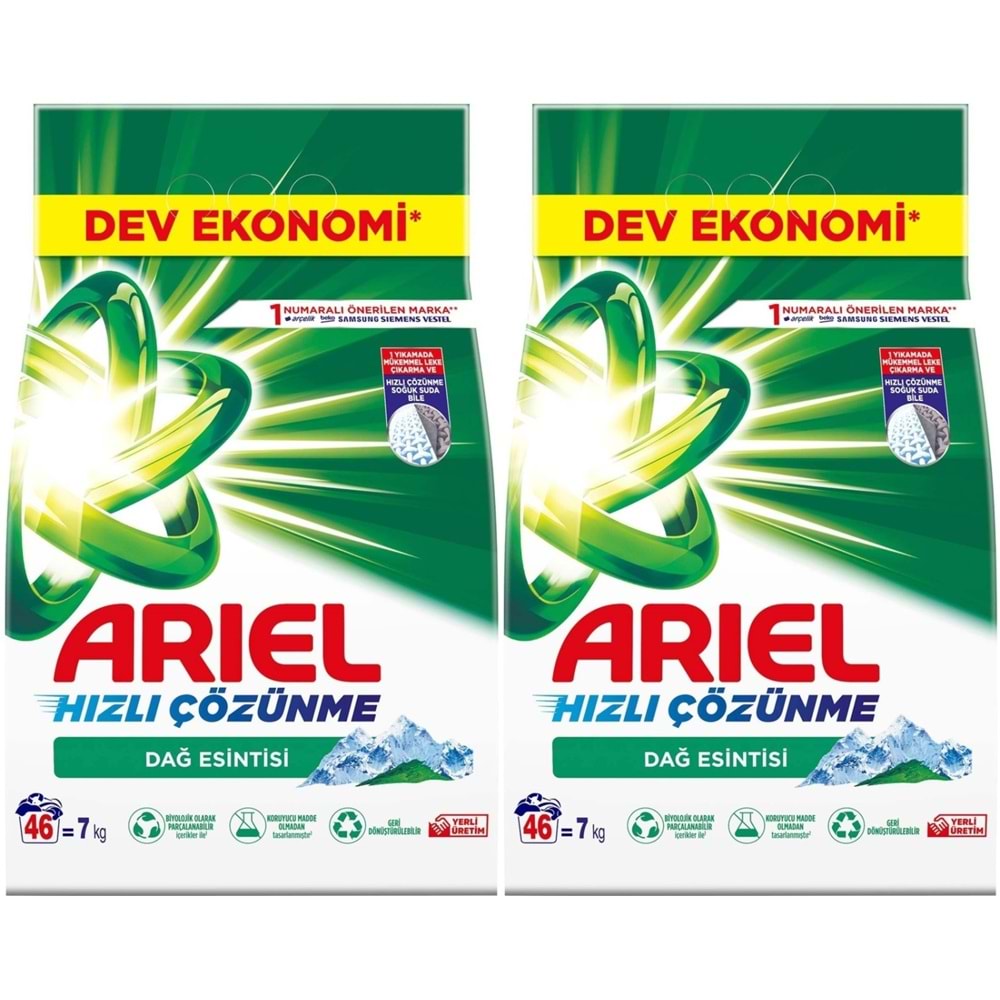 Ariel Matik Toz Çamaşır Deterjanı 14KG Beyazlar/Dağ Esintisi (2PK*7KG) (92 Yıkama)