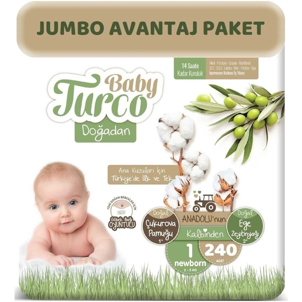 Baby Turco Bebek Bezi Doğadan Beden:1 (2-5Kg) Yeni Doğan 240 Adet Jumbo Avantaj Pk