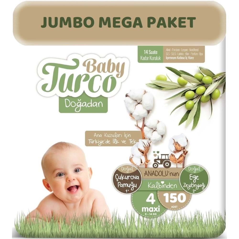 Baby Turco Bebek Bezi Doğadan Beden:4 (8-14Kg) Maxi 150 Adet Jumbo Mega Pk
