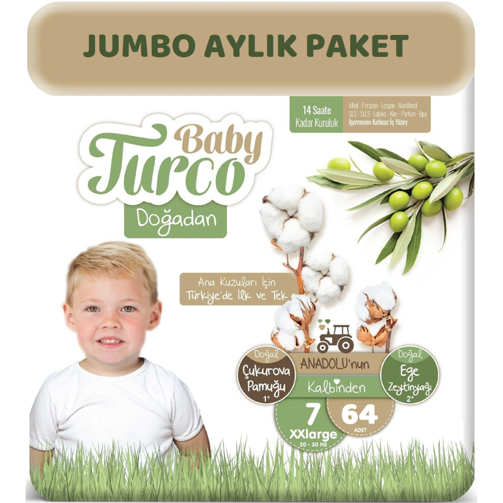 Baby Turco Bebek Bezi Doğadan Beden:7 (20-30Kg) XXLarge 64 Adet Jumbo Aylık Pk