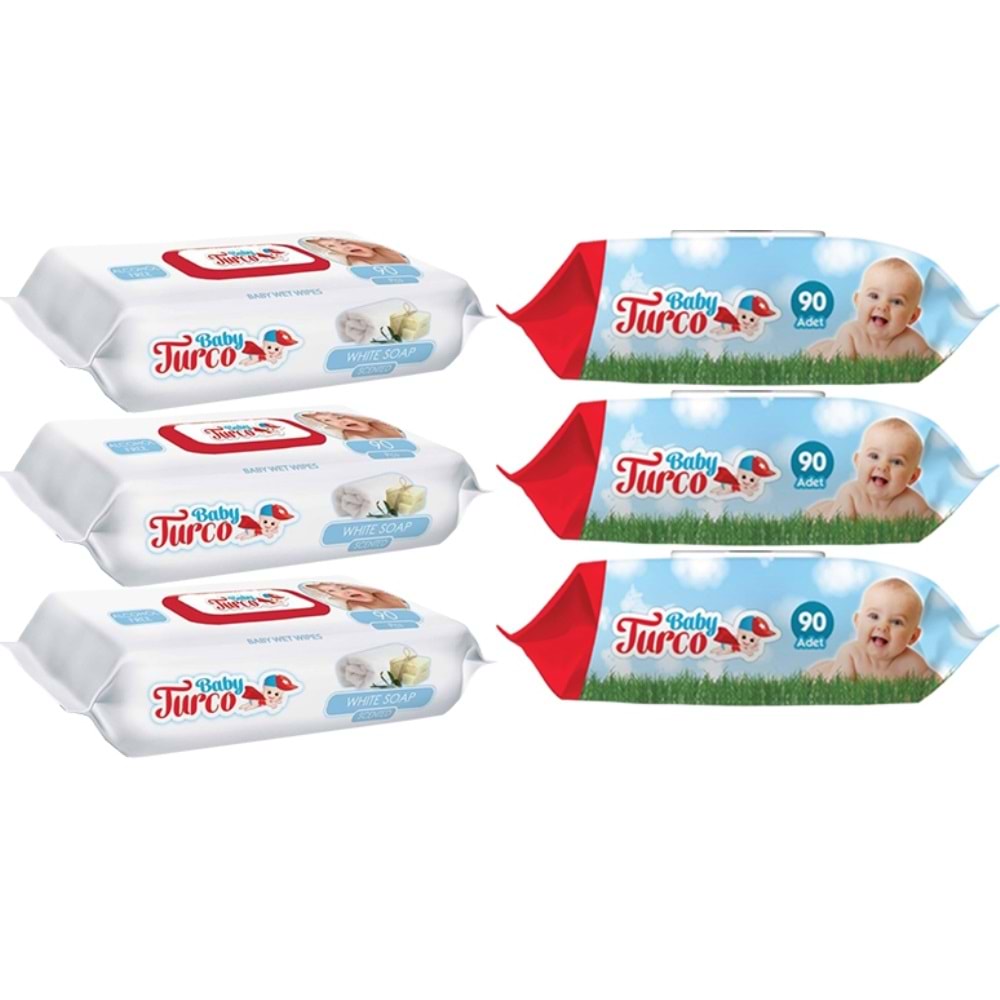 Baby Turco Islak Havlu Mendil 90 Yaprak Plastik Kapaklı Karma 6 Lı Set (Klasik-Beyaz Sabun)
