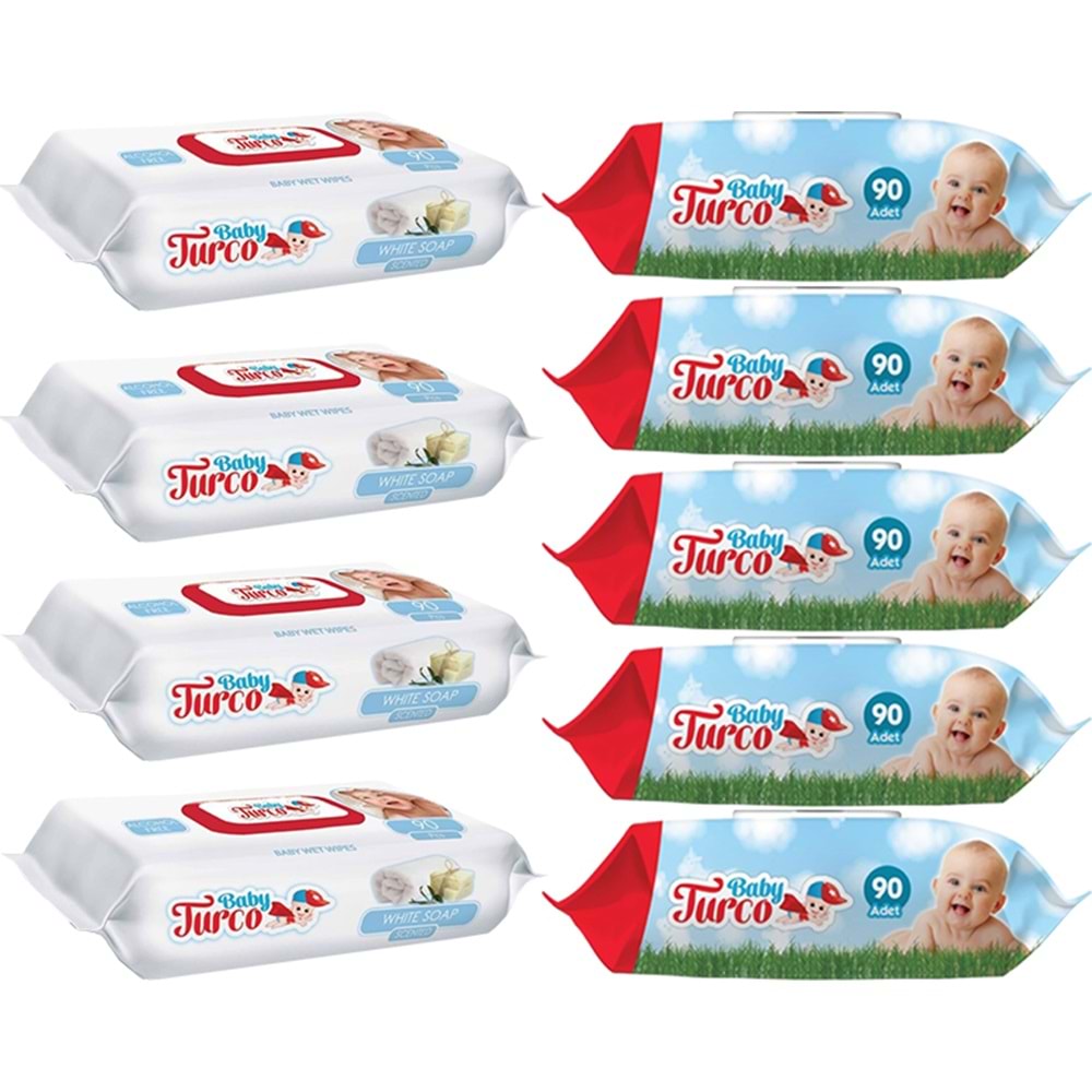 Baby Turco Islak Havlu Mendil 90 Yaprak Plastik Kapaklı Karma 9 Lu Set (Klasik-Beyaz Sabun)