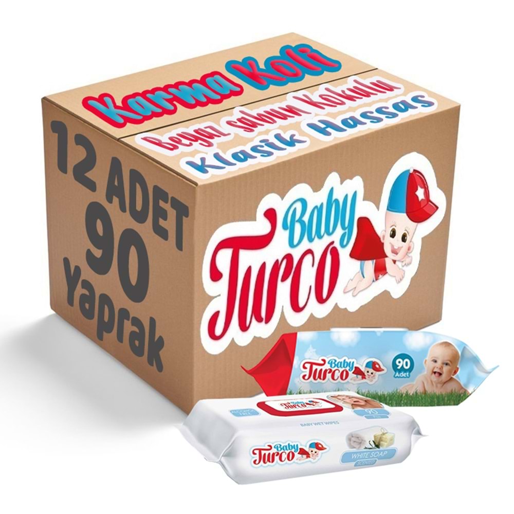 Baby Turco Islak Havlu Mendil 90 Yaprak Karma 12 Li Set (Klasik-Beyaz Sabun) Plastik Kapaklı