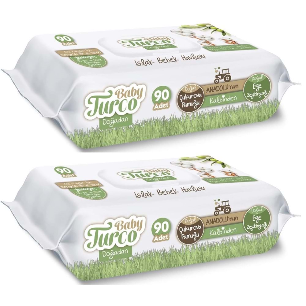 Baby Turco Islak Havlu Mendil Yenidoğan 90 Yaprak Doğadan 2 Li Set 180 Yaprak Plastik Kapaklı