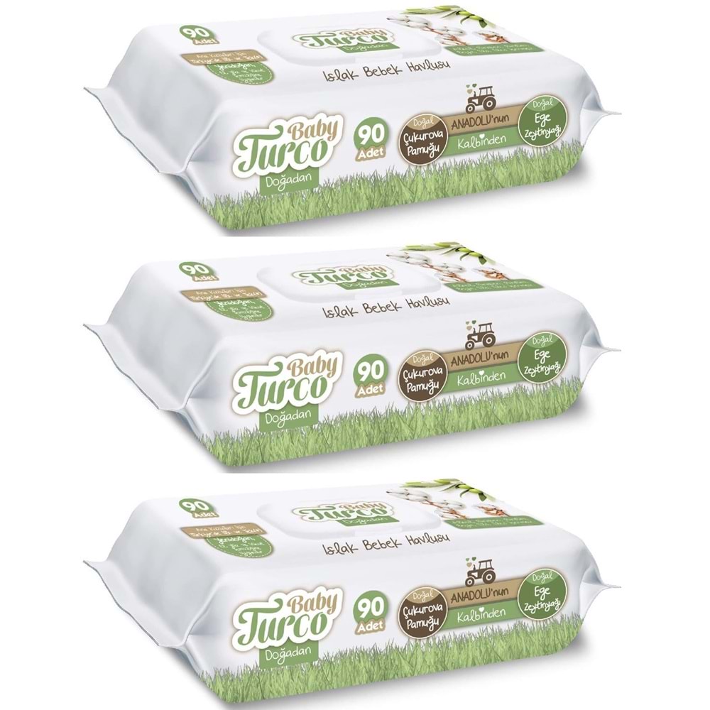 Baby Turco Islak Havlu Mendil Yenidoğan 90 Yaprak Doğadan 3 Lü Set 270 Yaprak Plastik Kapaklı