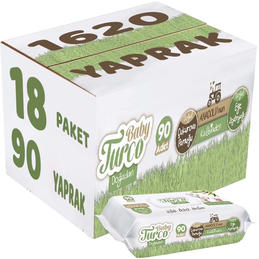 Baby Turco Islak Havlu Mendil Yenidoğan 90 Yaprak Doğadan 18 Li Set 1620 Yaprak Plastik Kapaklı
