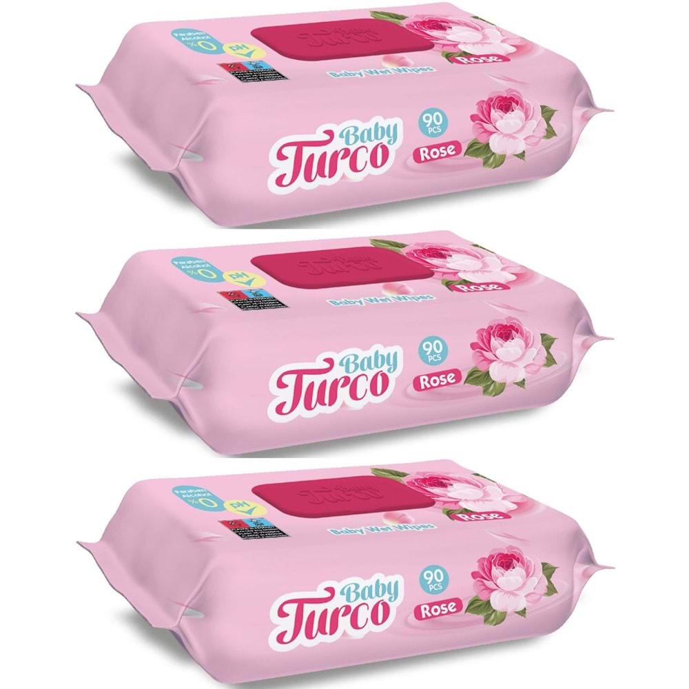 Baby Turco Islak Havlu Mendil 90 Yaprak Gül/Rose 3 Lü Set 270 Yaprak Plastik Kapaklı