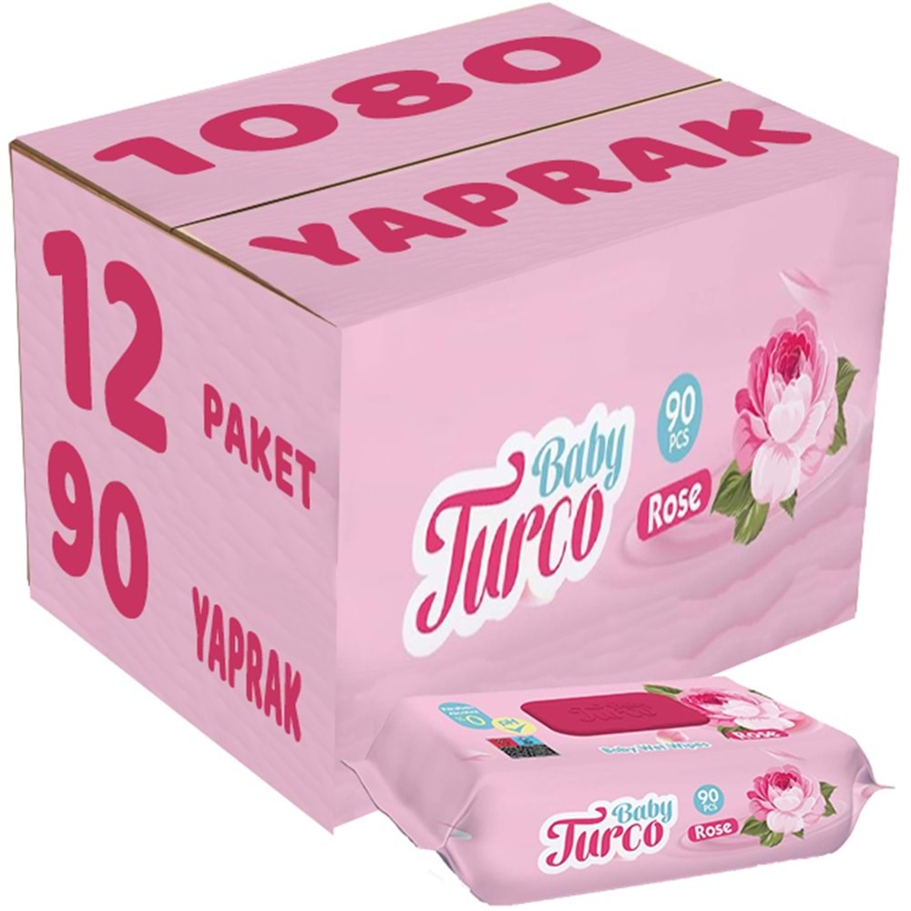 Baby Turco Islak Havlu Mendil 90 Yaprak Gül/Rose 12 Li Set 1080 Yaprak Plastik Kapaklı