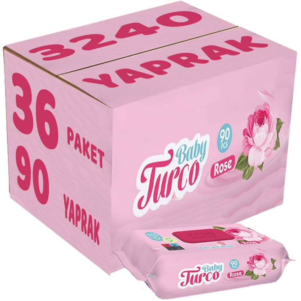 Baby Turco Islak Havlu Mendil 90 Yaprak Gül/Rose 36 Lı Set 3240 Yaprak Plastik Kapaklı