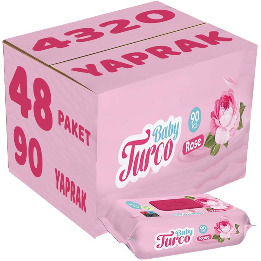 Baby Turco Islak Havlu Mendil 90 Yaprak Gül/Rose 48 Li Set 4320 Yaprak Plastik Kapaklı