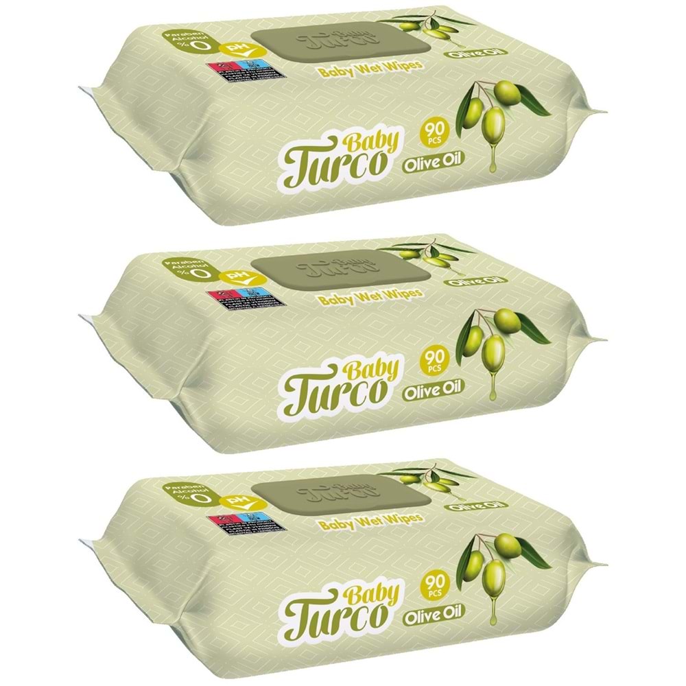 Baby Turco Islak Havlu Mendil 90 Yaprak Zeytinyağlı 3 Lü Set 270 Yaprak Plastik Kapaklı