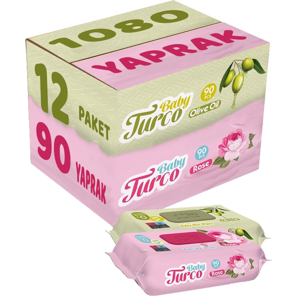 Baby Turco Islak Havlu Mendil 90 Yaprak Karma 12 Li Set (Gül/Zeytinyağı) 1080 Yaprak Plastik Kapaklı