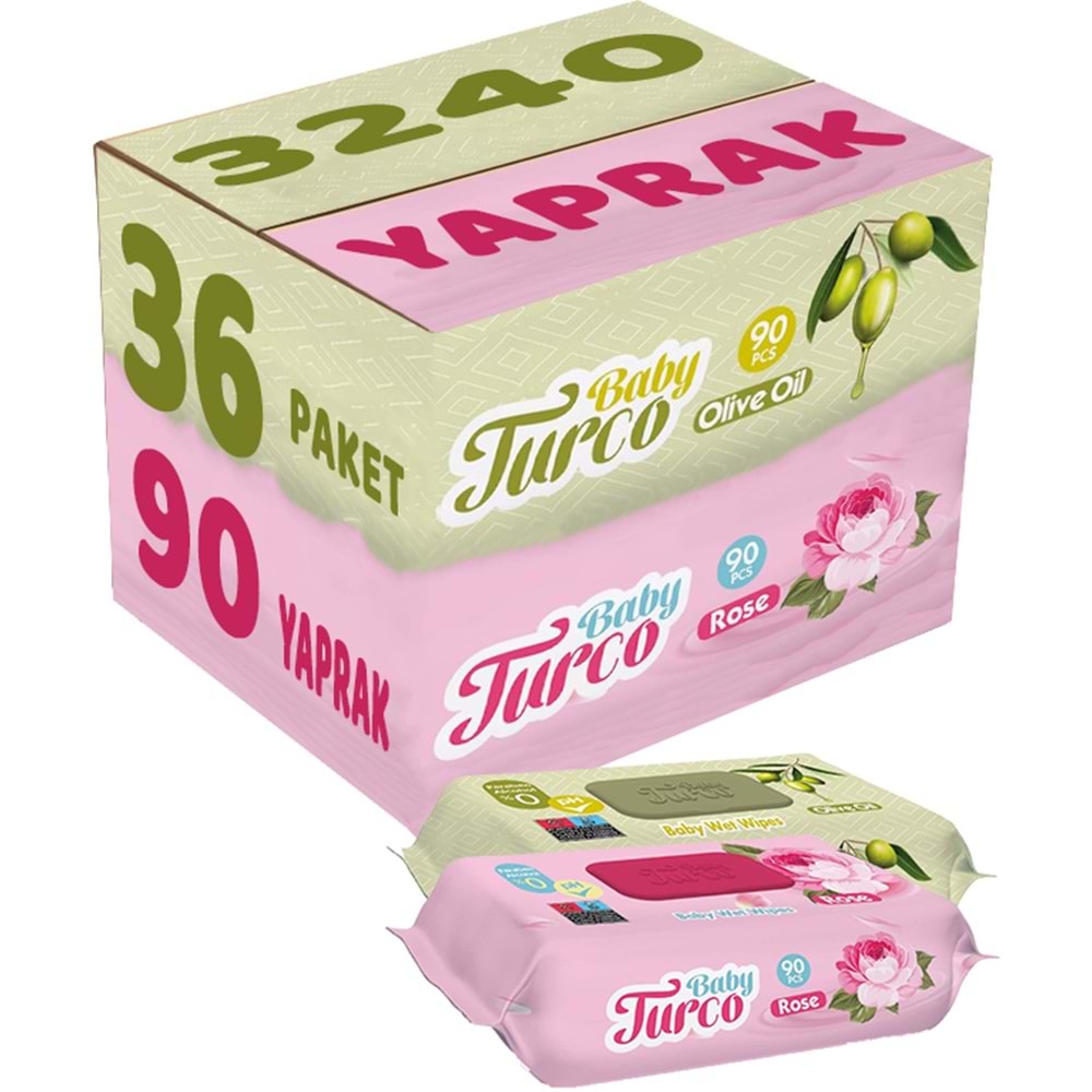 Baby Turco Islak Havlu Mendil 90 Yaprak Karma 36 Lı Set (Gül/Zeytinyağı) 3240 Yaprak Plastik Kapaklı