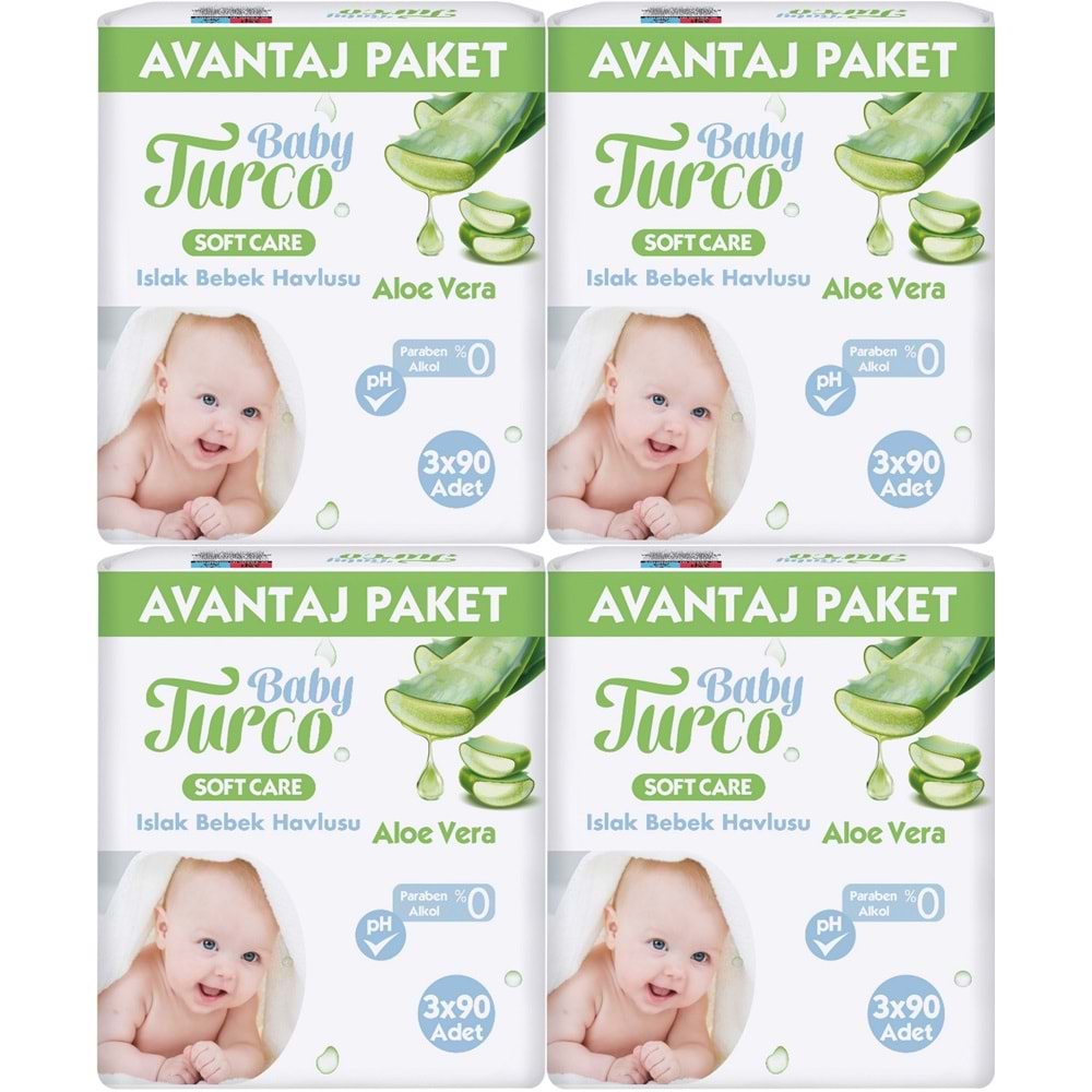 Baby Turco Islak Havlu Mendil Soft Care Aloe Vera 90 Yaprak (12 Li Set) (4PK*3) 1080 Yaprak