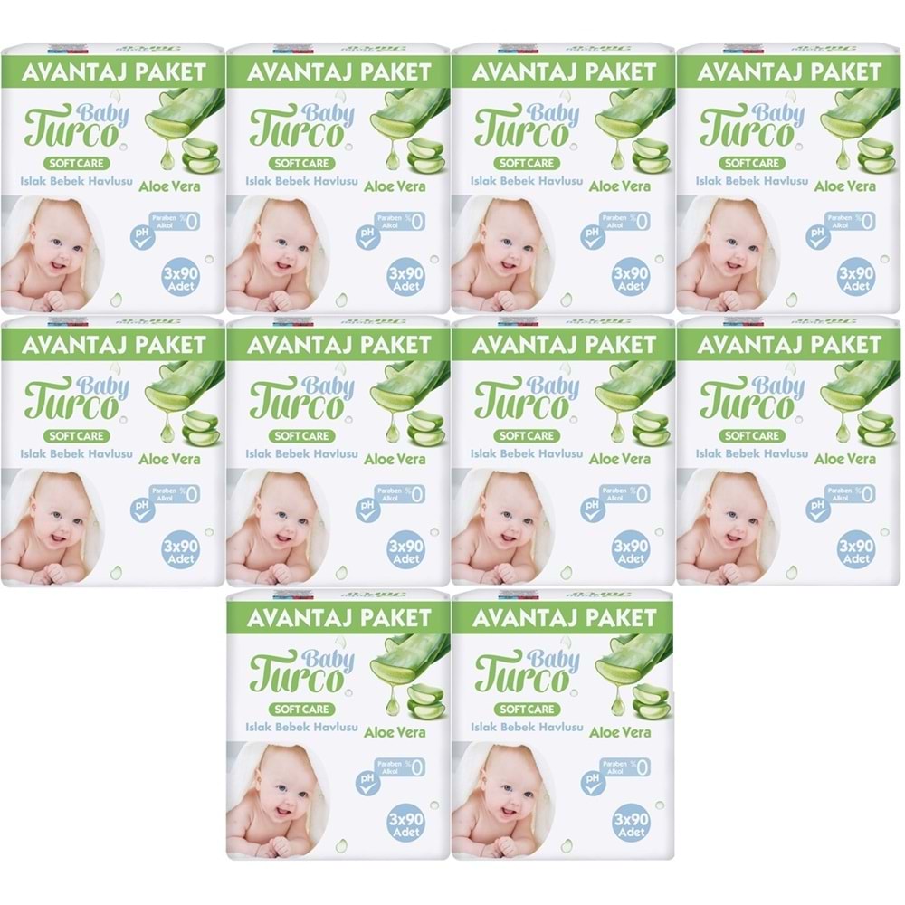 Baby Turco Islak Havlu Mendil Soft Care Aloe Vera 90 Yaprak (30 Lu Set) (10PK*3) 2700 Yaprak