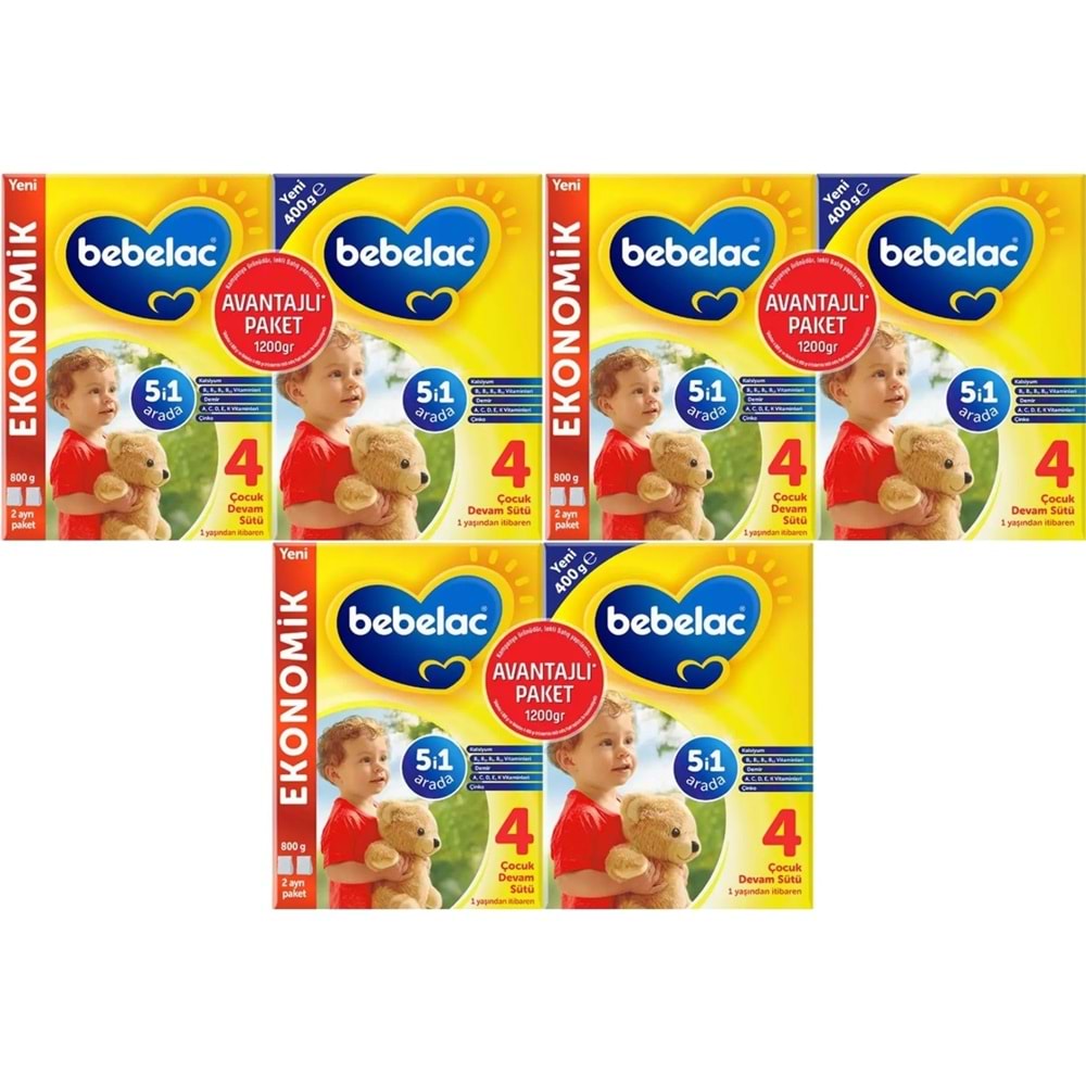 Bebelac 1200GR (800GR+400GR) No:4 Devam Sütü (1+ Yaş) Avantaj Pk (3 Lü Set)