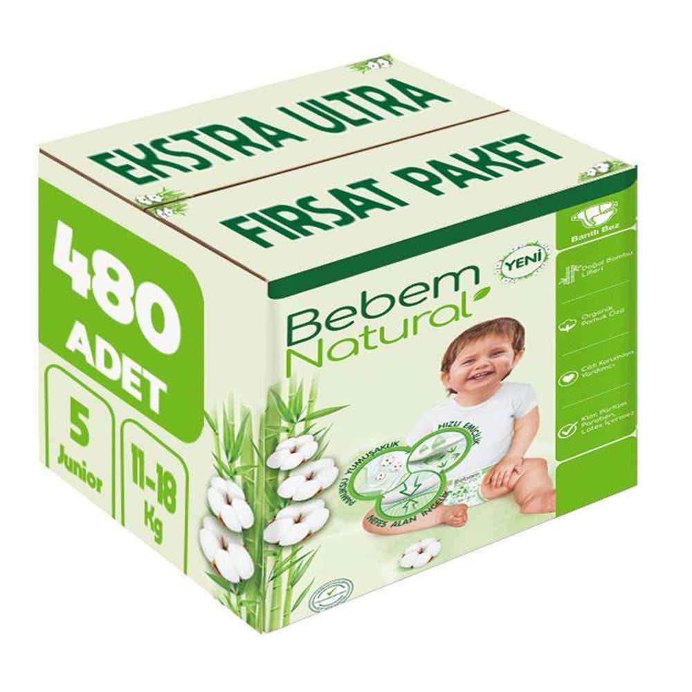 Bebem Bebek Bezi Natural Beden:5 (11-18Kg) Junior 480 Adet Ekstra Ultra Fırsat Pk
