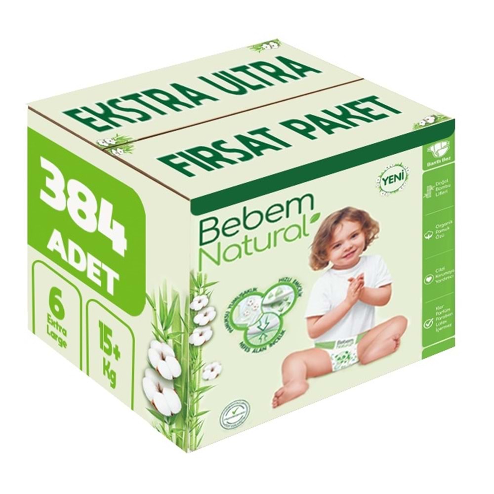 Bebem Bebek Bezi Natural Beden:6 (15+Kg) Extra Large 384 Adet Ekstra Ultra Fırsat Pk